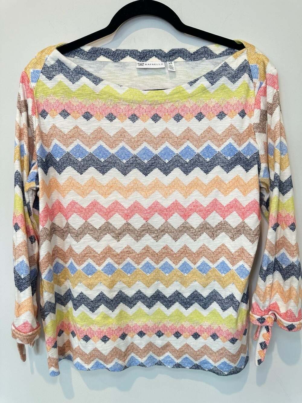 Rafaella Women's Multicolor Chevron Pattern Long Sleeve Knit Top with Tie Cuffs